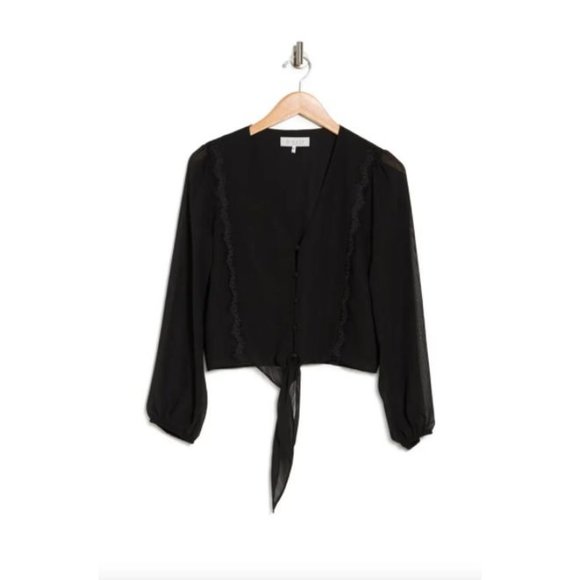 WAYF Lace Trim Knotted Long Sleeve Blouse Black Women's Size M - Picture 2 of 11